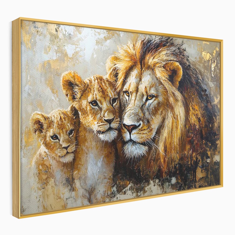 Tablou canvas cu tablou cu leu adult si doi pui, in rama de aluminiu auriu